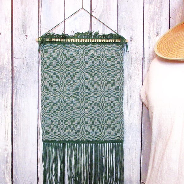 Small handwoven wall hanging, overshot pattern: Green handspun wool and green cotton. 10.5x23".