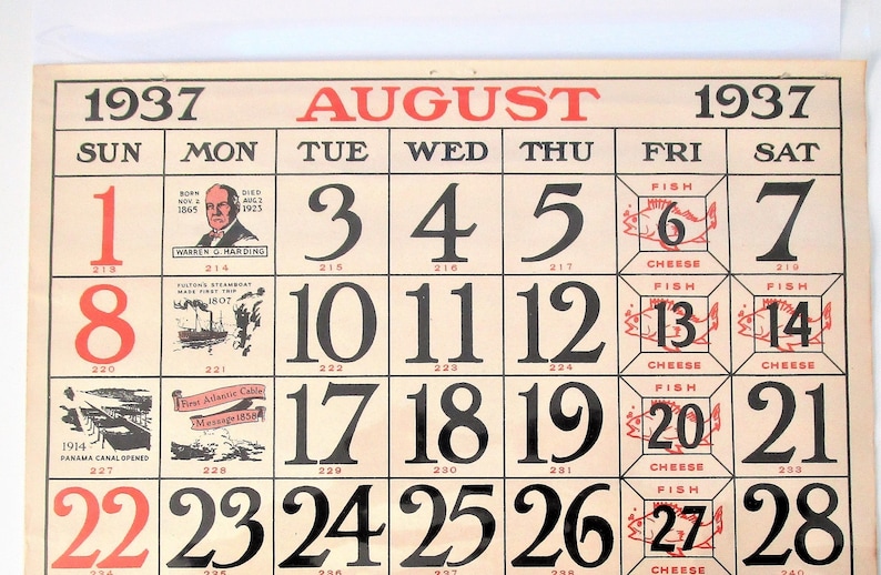 12 by 10 Historic and graphic August 1937 in plastic sleeve Produced by the American Stores 1930s Paper Wall Calendar