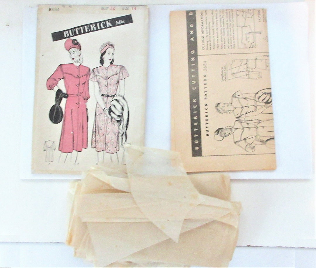 1940s Size 14 Dress Pattern. Used Butterick #3634 Complete With ...