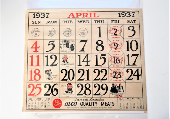 Какой год 1937 по календарю 1930s Paper Wall Calendar page Month of April 1937 in plastic Etsy