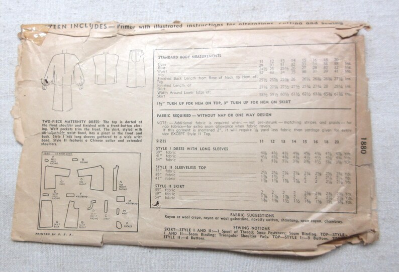 1940s Maternity 2 Piece Dress Pattern Size 16. Used Simplicity 1880