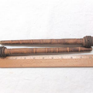 Vintage Wooden Loom Spindles: Rusty Metal Ends, Set of 2