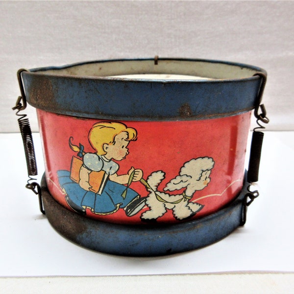 Vintage Ohio Art tin drum toy with nursery rhyme characters, Mary and Tom Tom. 4" tall and 6.25" diameter. It's rusty but complete