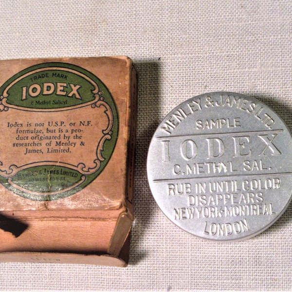 Vintage Iodex drug store tin for dark age spot remover in original box. Empty tin once contained Methyl Salicyl to remove dark skin spots