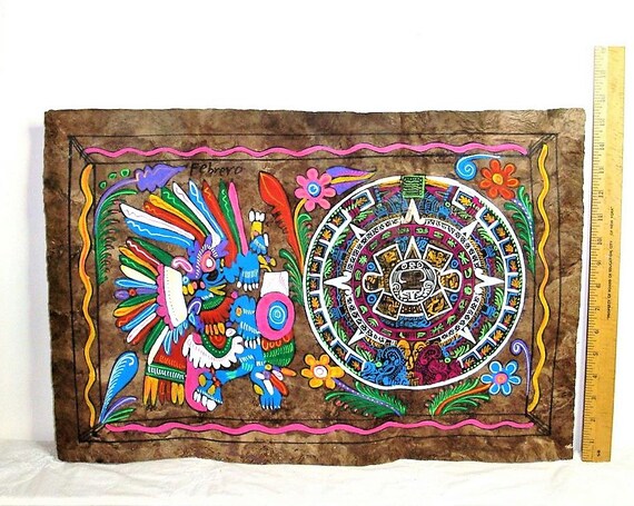 Large Papel Amate Bark Painting Folk Art Calendar Month Of February Vibrant Colors Hand Made Bark Paper About 15 By 25 Slight Damage Large Papel Amate Bark Painting Folk Art Calendar Month Of February Vibrant Colors Hand Made Bark Paper About 15 By 25 Slight Damage