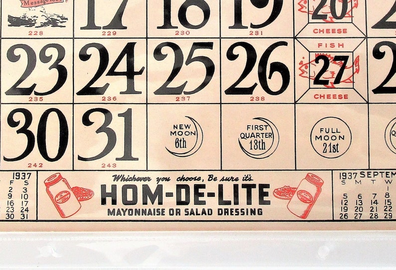 12 by 10 Historic and graphic August 1937 in plastic sleeve Produced by the American Stores 1930s Paper Wall Calendar