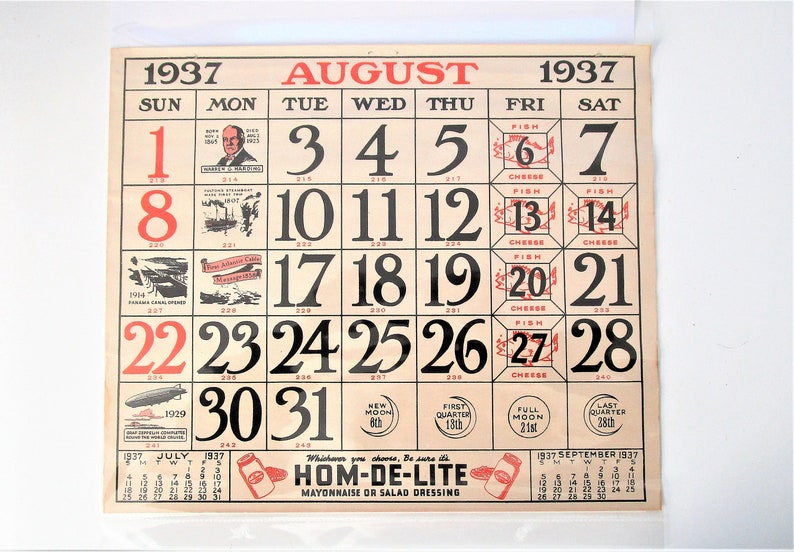 12 by 10 Historic and graphic August 1937 in plastic sleeve Produced by the American Stores 1930s Paper Wall Calendar