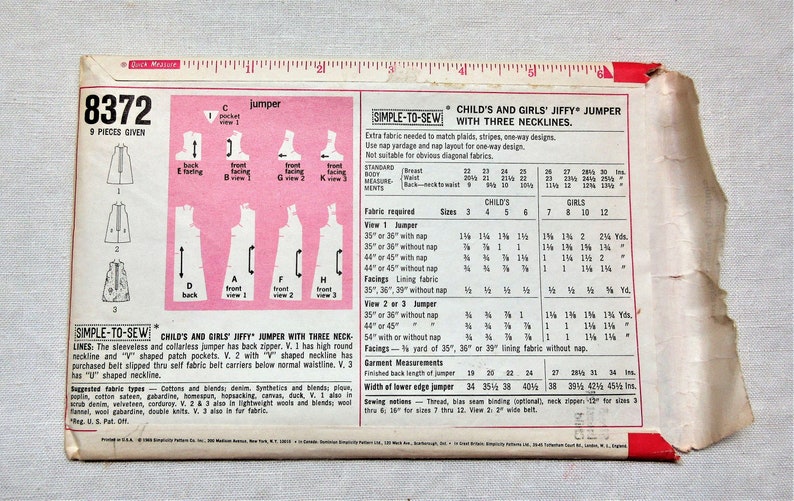 1960's Girls Jumper Pattern Size 5. Uncut Simplicity 8372 From 1969