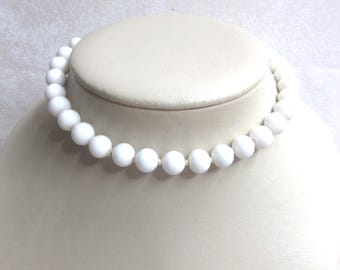 Vintage Knotted Milk Glass Beaded Necklace - 13" Japan