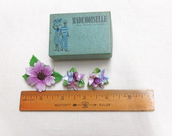 Vintage Porcelain Floral Brooch & Clip Earrings Set - Three Leaf Design, Broken Stem. Mademoiselle box