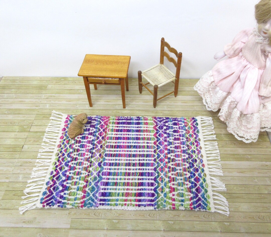 Handwoven Crazy Dollhouse Rug: Alpaca, Cotton and Polyester Ribbon. 8x5 ...