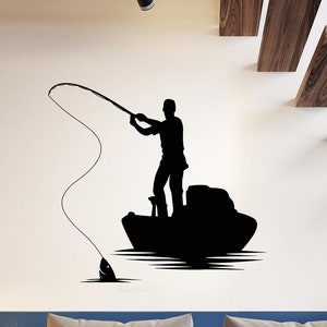 Fisher Boat Vinyl Wall Decal Fishing Rod Fish Man Cave Hobby Decoration Idea Silhouette Window Room Art Stickers Mural (#099dl)