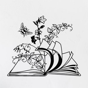 Open Book Vinyl Wall Decal Floral Motif Reading Room Corner Decor Library Decoration Idea Classroom Interior Art Stickers Mural (#8183dg)