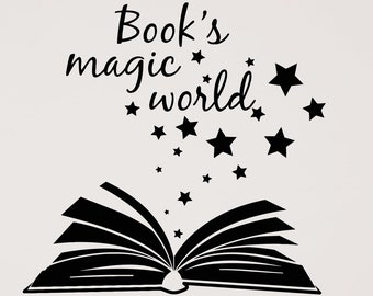 Puede incluir: Pegatina de pared en blanco y negro de un libro abierto con estrellas que salen de él. El texto "Book's magic world" está por encima del libro.