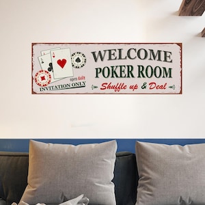 Vinilo decorativo para pared con el letrero &quot;Bienvenido a la sala de póker&quot; - Pegatina de barajar trato - Decoración vintage de casino - Arte para sala de juegos - Letrero de pared para cueva de hombre - Invitación dci73