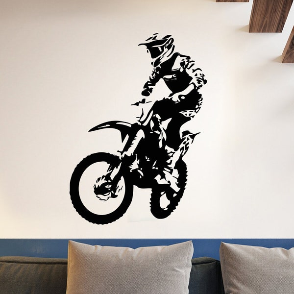 Motocross Vinyl Wall Decal - Dirt Bike Wall Art Decor for Boys Room Motorcycle Man Cave Extreme Sports Stickers Mural (#6110di)