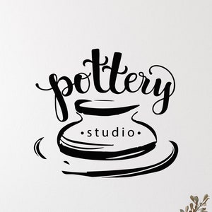 May include: Black and white illustration of a pottery studio logo. The logo features a stylized pot with the word "pottery" written in cursive above it and the words ".studio." written inside the pot.
