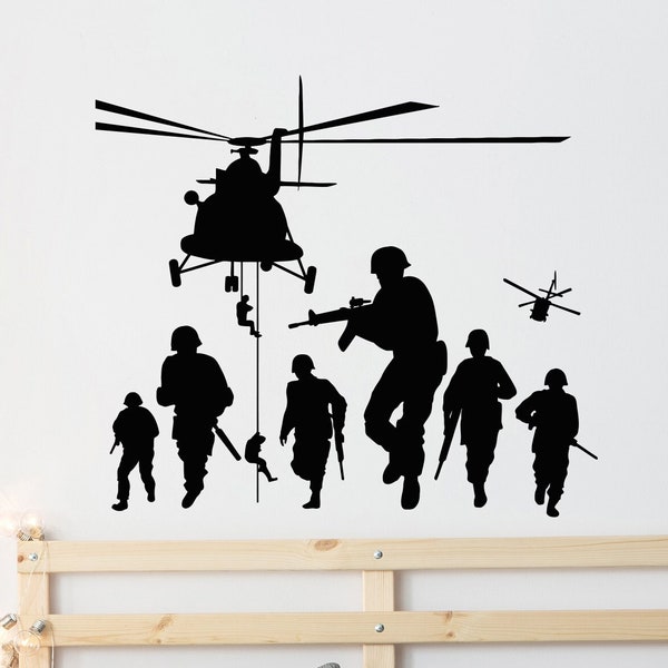 Military Soldier Silhouette Wall Vinyl Decal Video Game Decor For Boy's Room Helicopter Stickers Mural (#1250da)