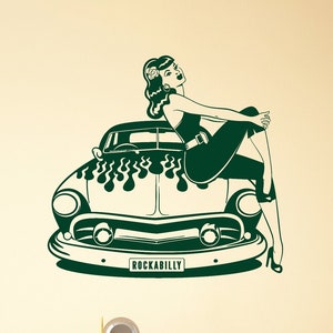 Vintage Retro Car Wall Vinyl Decal Pin-up Style Beautiful Girl Garage Decor Stickers Mural (#983da)