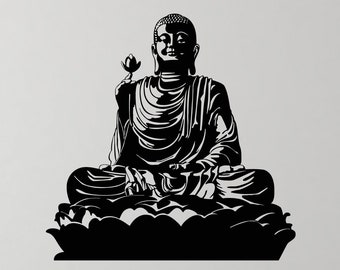 Vinilo decorativo de pared con diseño de Buda sentado, loto budista, pegatinas para sala de yoga y meditación (#2959di)