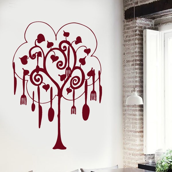 Wall Vinyl Decal Kitchen Pots and Pans Tree Ornament Awesome Decor for Kitchen and Restaurants (#1039da)