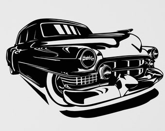 May include: Black and white silhouette of a vintage car, viewed from the front, with the headlights and grill visible. The car is facing the left side of the image.
