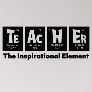 May include: Black and white wall decal with the word "TEACHER" spelled out using the chemical symbols and names for Tellurium, Actinium, Hydrogen, and Erbium. The text "The Inspirational Element" is below the word "TEACHER".