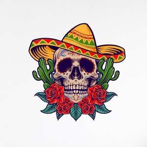 May include: A colorful illustration of a skull wearing a sombrero, surrounded by cacti and red roses. The skull has intricate floral designs and is a vibrant representation of Day of the Dead imagery.