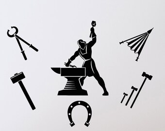 May include: Black and white silhouette wall decal of a blacksmith working at an anvil with a hammer, horseshoe, and other tools.