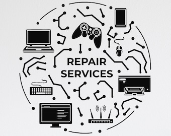 Repair Service Vinyl Wall Decal Gadget Tech Shop Technical Support Digital Technology Decor Stickers Mural (#7597dg)
