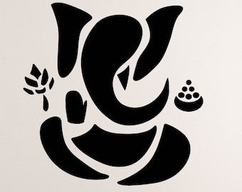 May include: Black and white wall decal of the Hindu deity Ganesha, a popular symbol of good luck and prosperity. The decal is a stylized representation of Ganesha, with his elephant head and trunk, and his four arms holding various objects.
