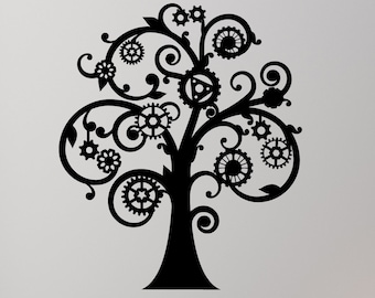 Adesivo da parete in vinile Steampunk Tree Gears Stile meccanico Arte creativa Ragazzi Camera da letto Decorazione della stanza Adesivi artistici Murale (#2542di)