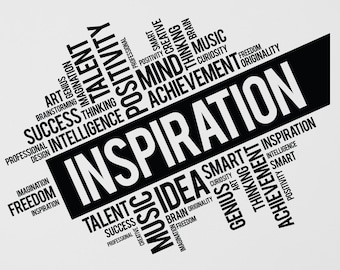 May include: Black and white word art wall decal with the word "Inspiration" in large letters surrounded by smaller words related to creativity, success, and achievement.