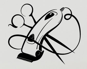 Barbershop Tools Vinyl Wall Decal Hair Salon Scissors Barber Stickers Mural (#3196da)