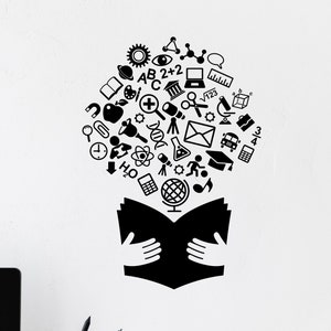 May include: Black and white wall decal of an open book with various educational icons and symbols emerging from it. The icons include a globe, calculator, musical note, graduation cap, and more.