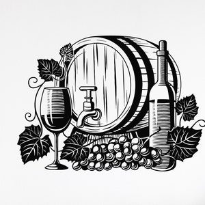 Vine Vinyl Wall Decal Barrel of Wine Grape  Restaurant Stickers Mural (#6009dg)