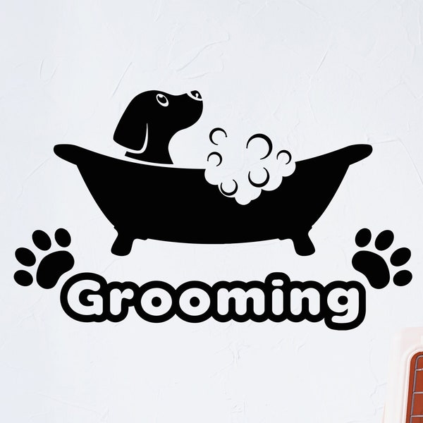 Grooming Logo Wall Vinyl Decal Dog Pet Caring Puppy In Bath Pawprints Stickers Mural (#1746da)