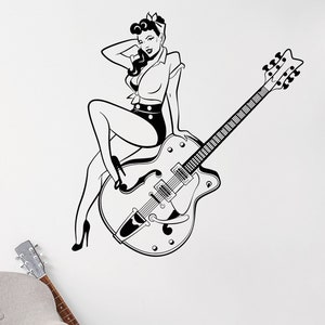 Pinup Girl Wall Vinyl Decal Electric Guitar Music Rock N Roll Retro Style Beautiful Woman Stickers Mural (#976da)