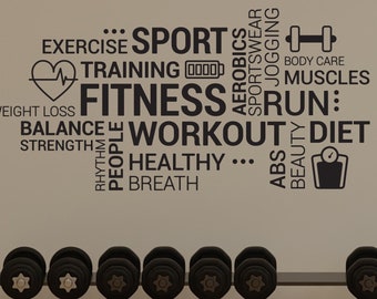 Fitness Vinyl Wall Decal Workout Room Words Sports Decor Healthy Lifestyle Training Home Gym Health Stickers Mural (#6454di)