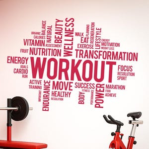 Vinilo decorativo motivacional para gimnasio en casa: pegatina de vinilo para sala de fitness y espacio de bienestar - Nube de palabras deportivas (3158di) imagen 8