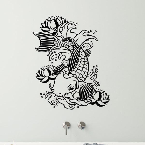 Koi Carp Wall Vinyl Decal Asian Style Japanese Restaurant Decor Fish Water Lily Bud Stickers Mural (#1283da)