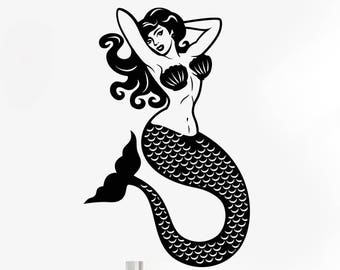 Sexy Mermaid Vinyl Wall Decal Retro Pin Up Style Room Home Stickers Mural (#2742da)