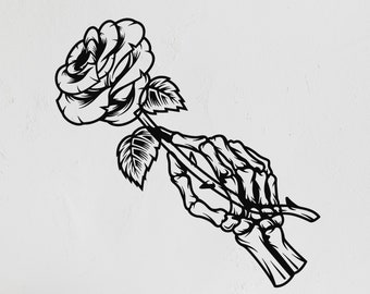 Death Vinyl Wall Decal Skeleton Hand Skull Bones Flower Rose Stickers Mural (#1981dg)