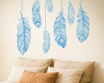Boho Feather Wall Decal – Tribal Ethnic Vinyl Sticker – Bohemian Wall Art for Bedroom, Nursery or Living Room Decor 1484dz