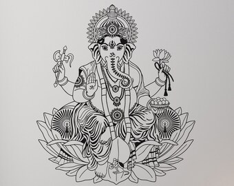 May include: Black and white line art wall decal of the Hindu deity Ganesha sitting on a lotus flower. Ganesha is depicted with an elephant head, four arms, and a large belly. He is holding a lotus flower in one hand and a broken tusk in the other. The decal is perfect for adding a touch of spirituality to any room.