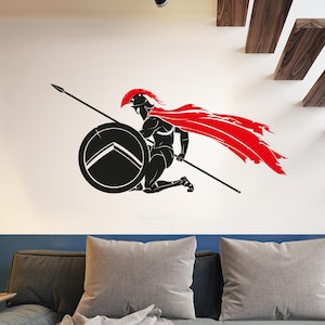 Spartan Warrior Wall Decal with Red Cape - Ancient Greece Vinyl Sticker - Man Cave Decor - Historical Wall Art Gladiator Warrior Sign dci75