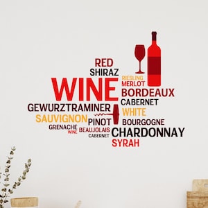 Wine Theme Wall Decal - Wine Varieties Vinyl Sticker - Kitchen Wine Bar Decor - Wine Lover Gift - Bordeaux Chardonnay Merlot Wine Art dci88