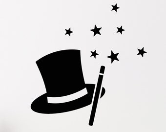 May include: Black and white wall decal of a magician's hat with a wand and stars. The hat is tilted to the side and the wand is pointing up. The stars are scattered around the hat and wand.
