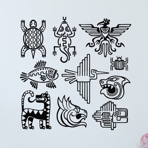 Könnte beinhalten: Schwarz-weiße stilisierte Illustrationen verschiedener Tiere und Fabelwesen, darunter eine Schildkröte, ein Eidechse, ein Vogel, ein Fisch, ein Jaguar, ein Vogel und ein Fabelwesen. Die Illustrationen sind im traditionellen aztekischen Stil gehalten.
