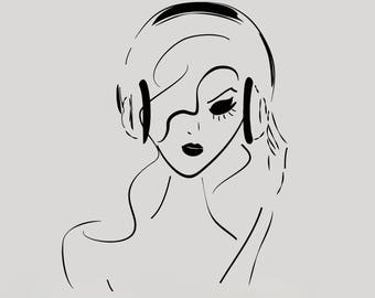 Sticker mural en vinyle pour fille avec casque d'écoute et musique pour chambre d'ado (#2568di)